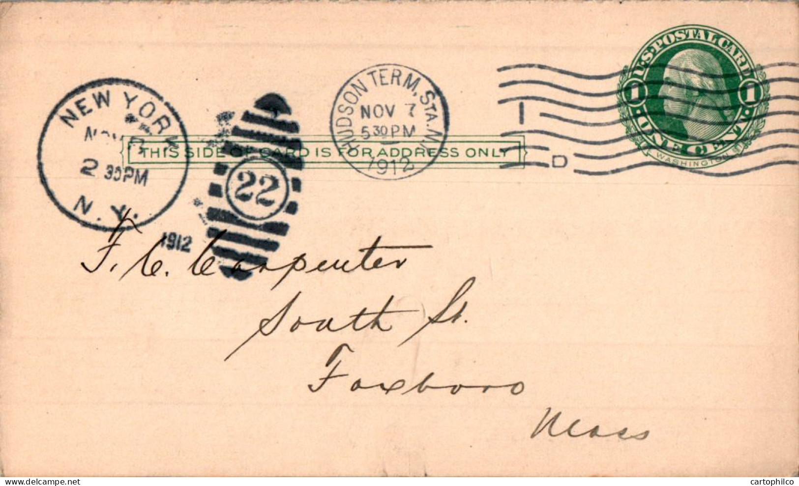 US Postal Stationery 1c New York 1912 To Fowboro Mass - 1901-20