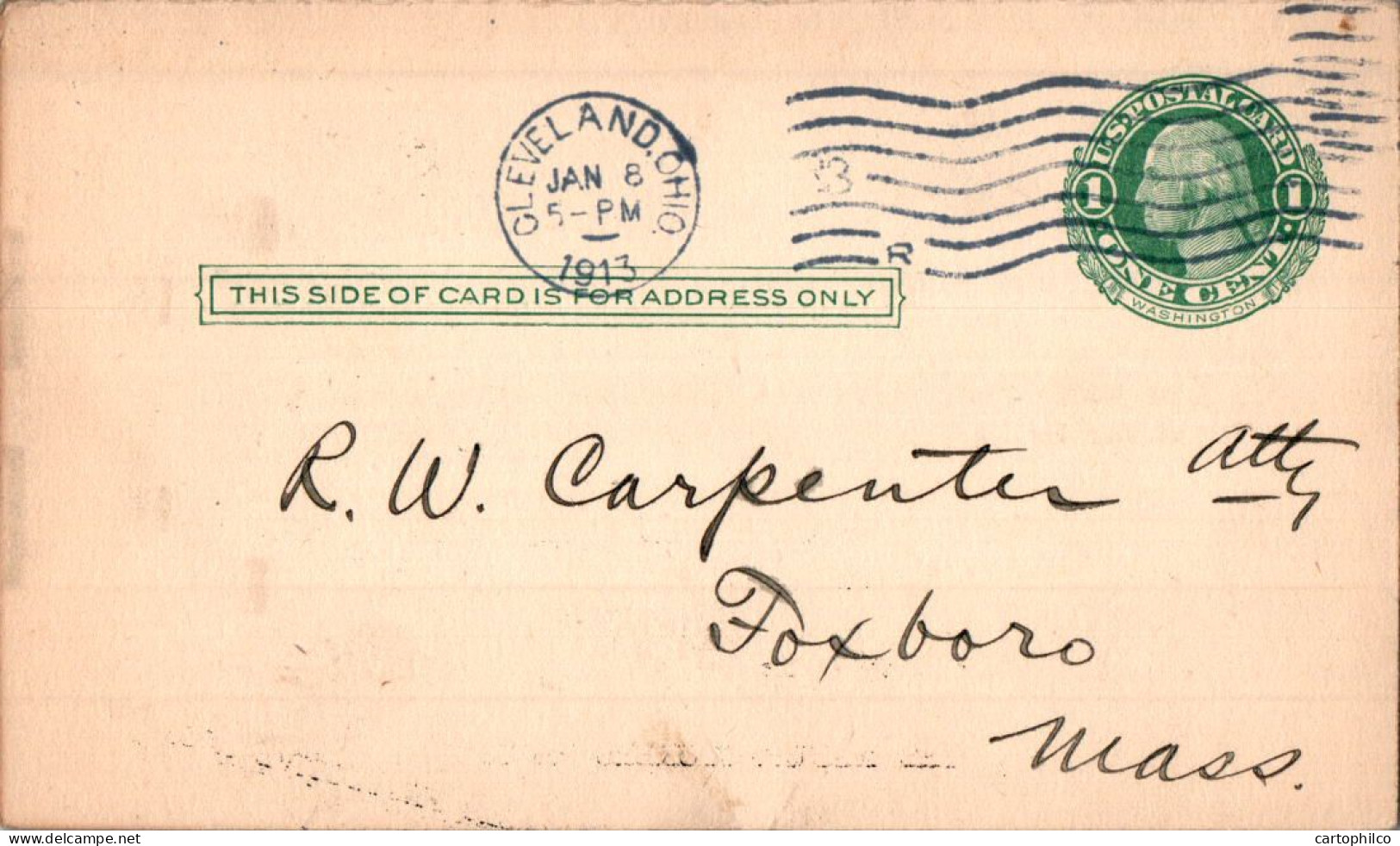 US Postal Stationery 1c Cleveland Ohio 1913 To Foxboro Mass - 1901-20