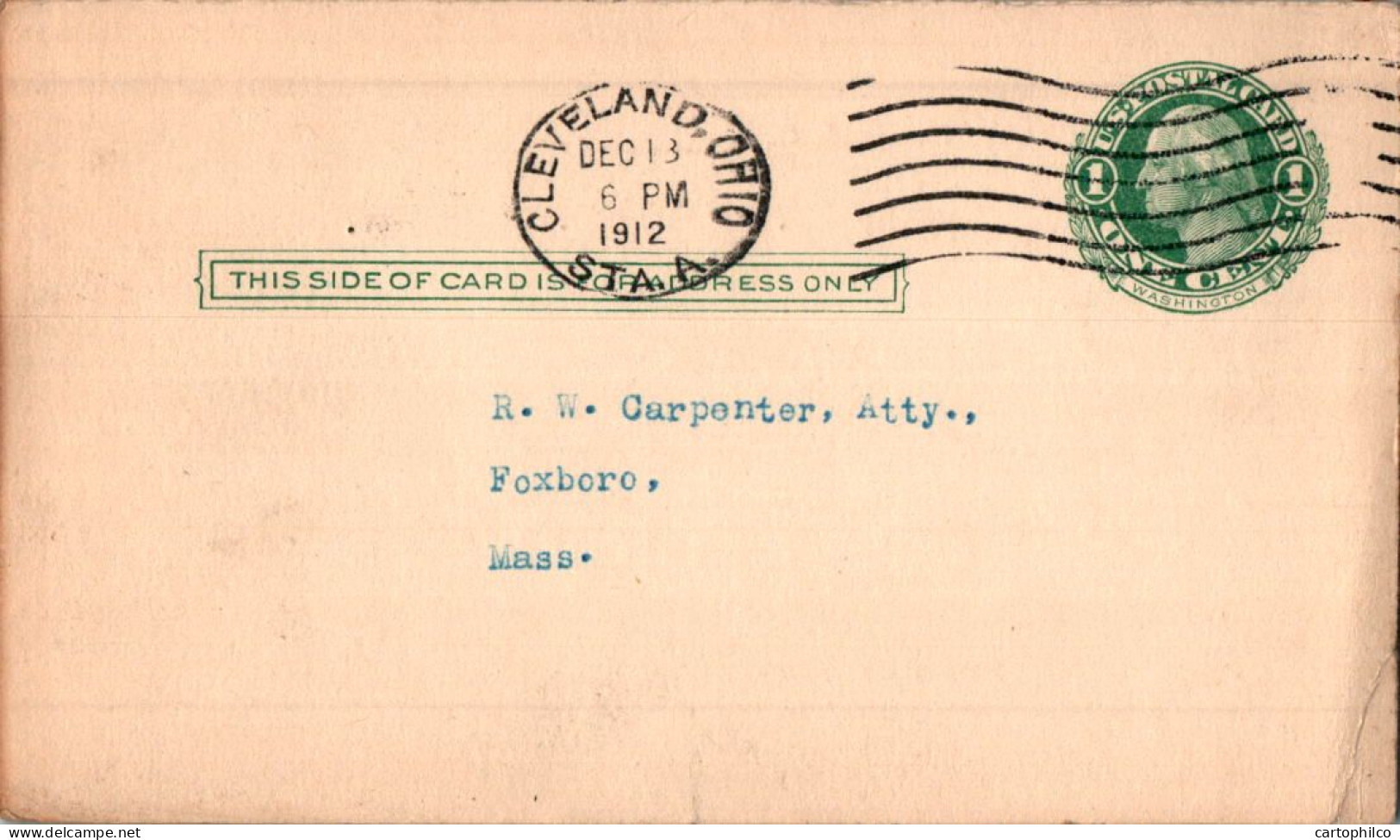 US Postal Stationery 1c Cleveland Ohio 1912 To Foxboro Mass - 1901-20