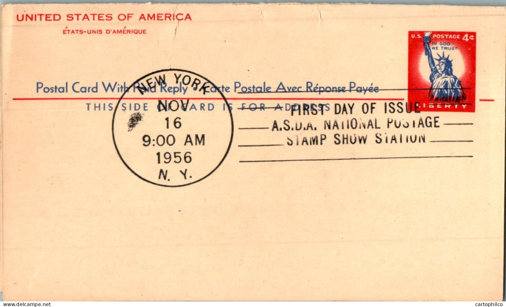 US Postal Stationery 4c Statue Of Liberty New York 1956 ASDA National - 1941-60