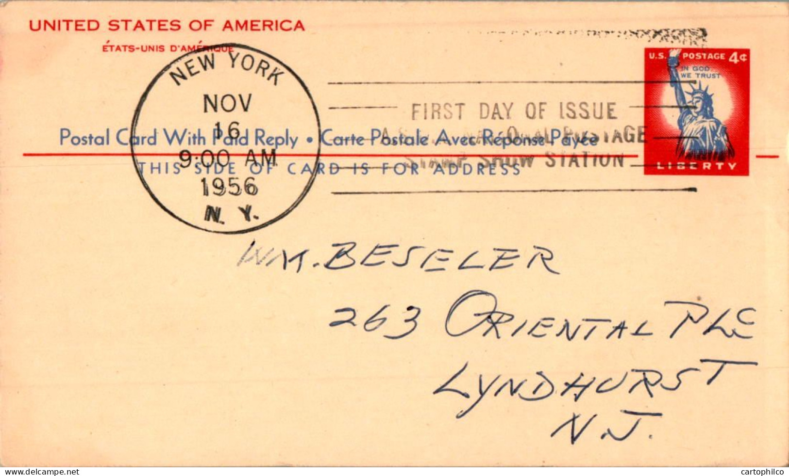 US Postal Stationery 4c Statue Of Liberty New York 1956 To Lyndhurst NJ - 1941-60