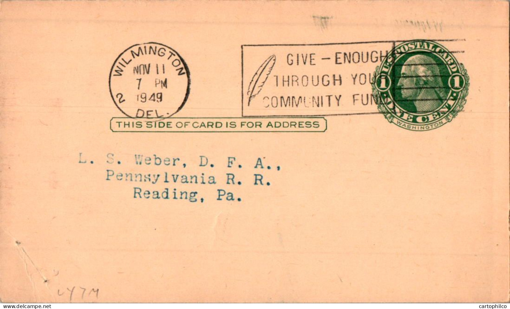 US Postal Stationery 1c Wilmington Del To Reading Traffic Club Of Wilmington - 1921-40