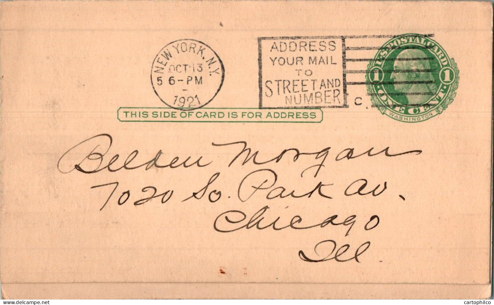 US Postal Stationery 1c New York To Chicago 1921 - 1921-40