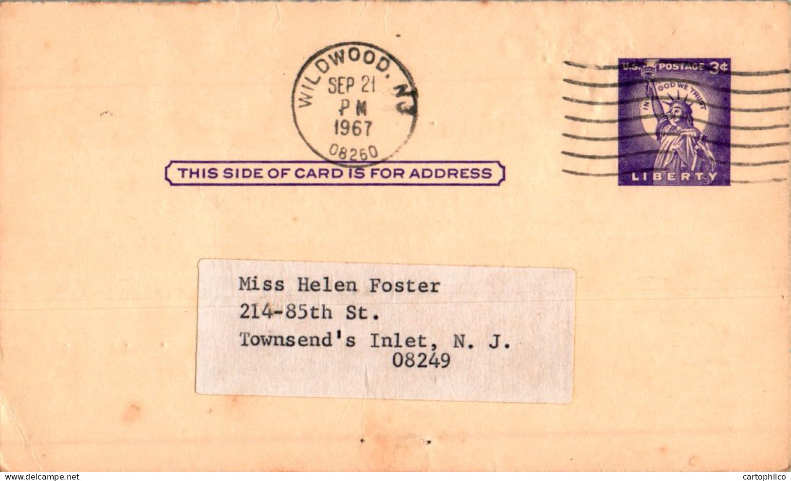 'US Postal Stationery 3c Statue Of Liberty Wildwood 1967 To Townsend''s Inlet NJ' - 1961-80