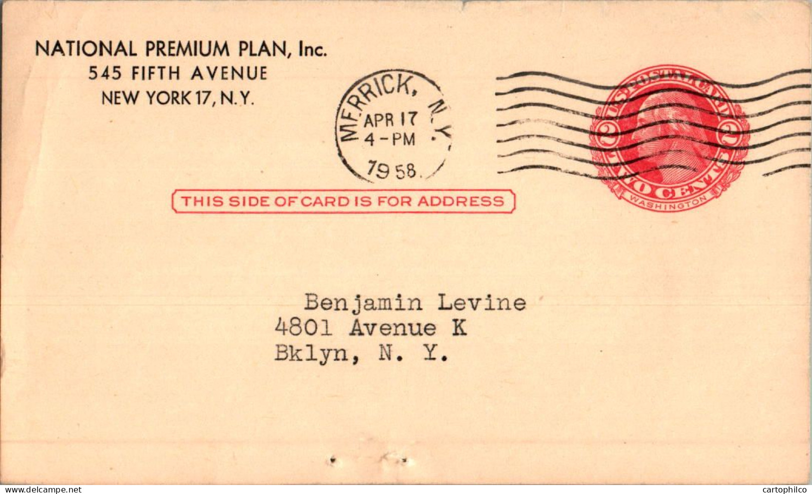 US Postal Stationery 2c Merick Benjamin Levine Brooklyn NY 1958 - 1941-60