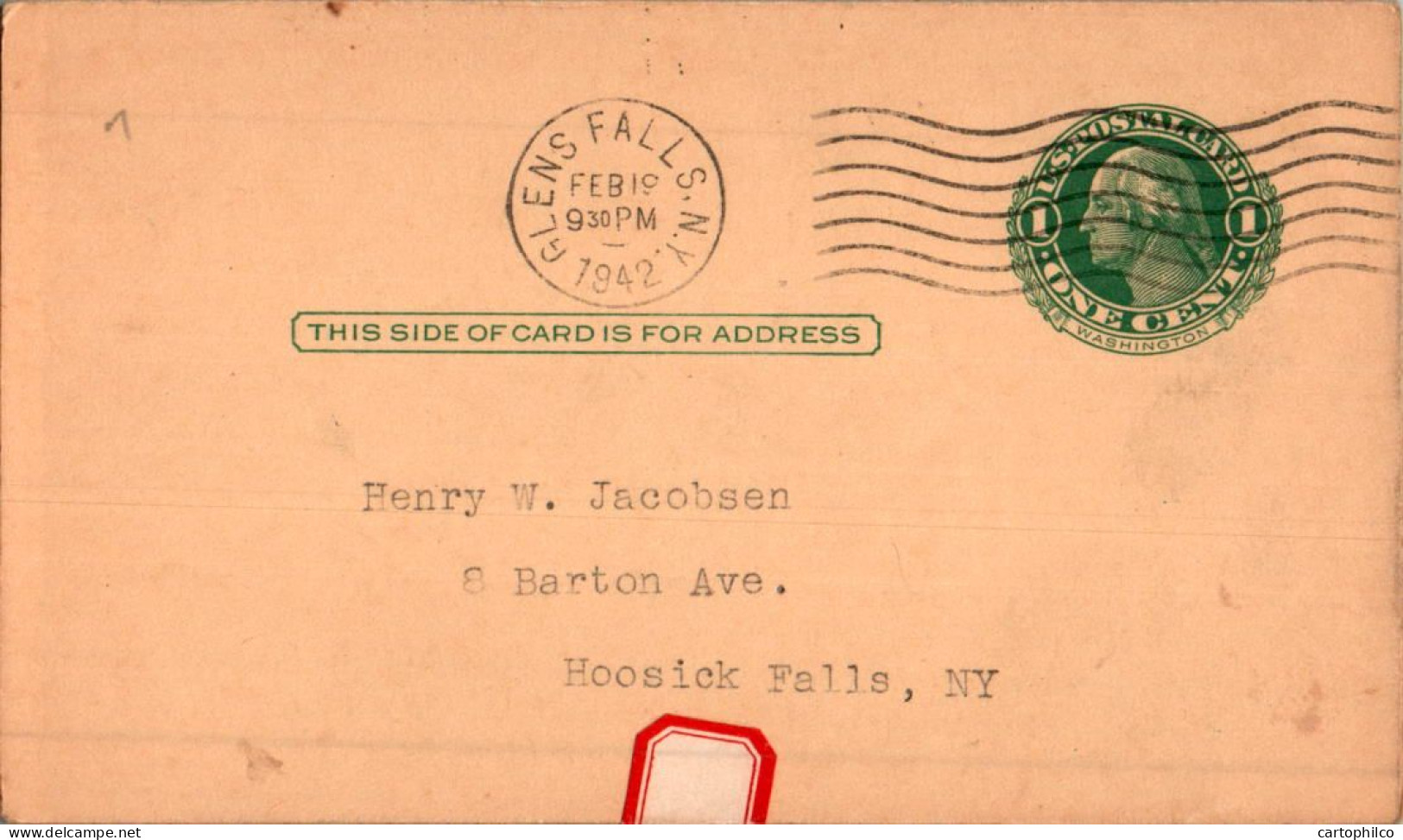 US Postal Stationery 1c Glens Falls 1942 To Hoosick Falls NY - 1941-60