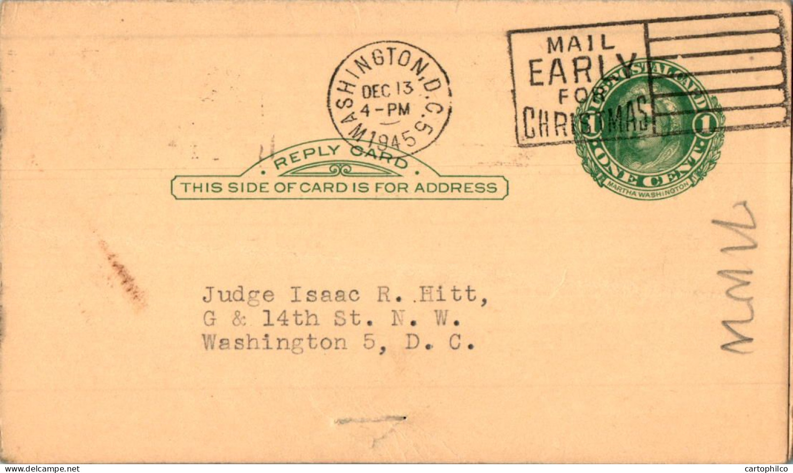 US Postal Stationery 1c Washington 1945 Cadnle Lighting - 1941-60