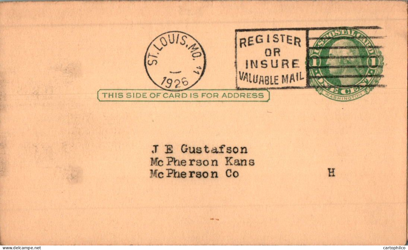 US Postal Stationery 1c St Louis 1926 To Mcpherson - 1921-40