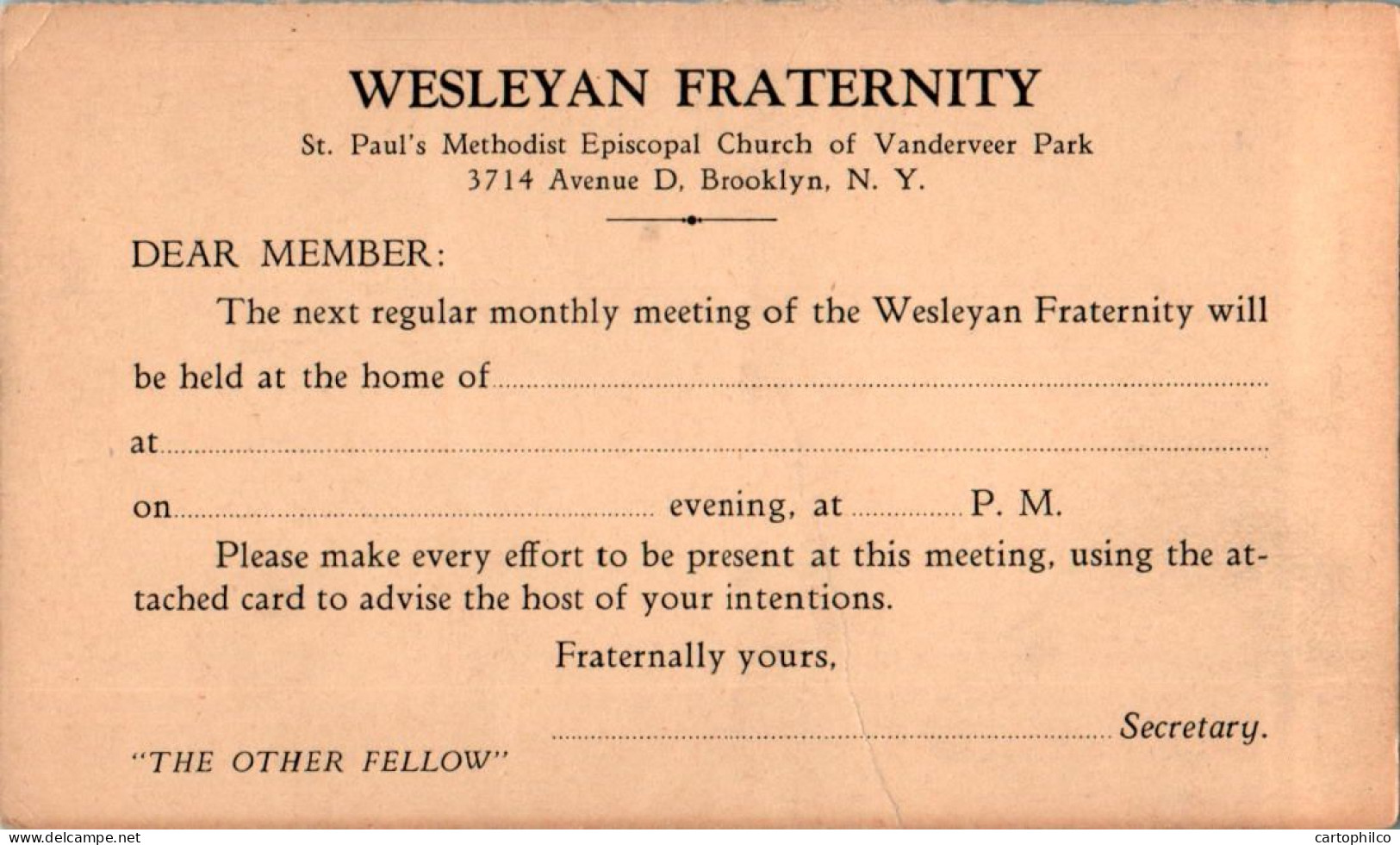 US Postal Stationery 1c Wesleyan Fraternity NY - 1921-40