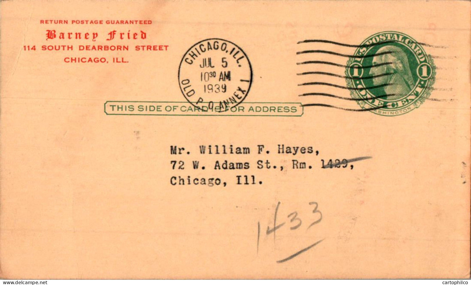 'US Postal Stationery 1c Chicago 1939 Barney Fried Men''s Shop' - 1921-40