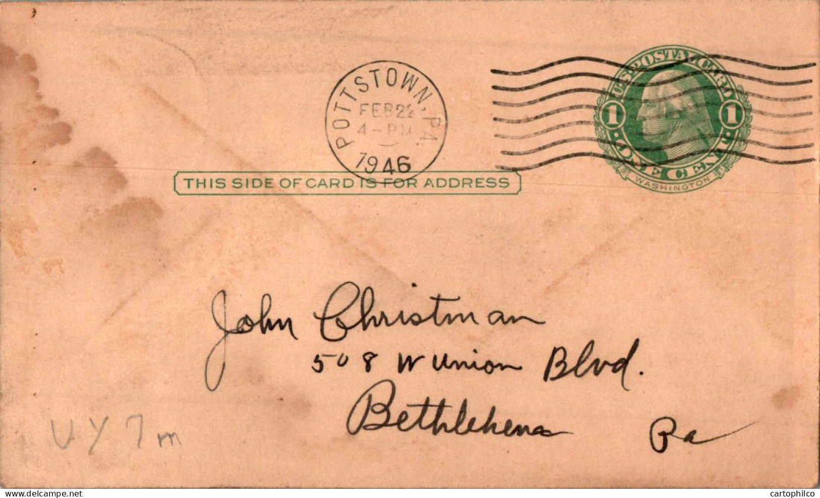 US Postal Stationery 1c Pottstown 1946 To Bethlehem - 1921-40