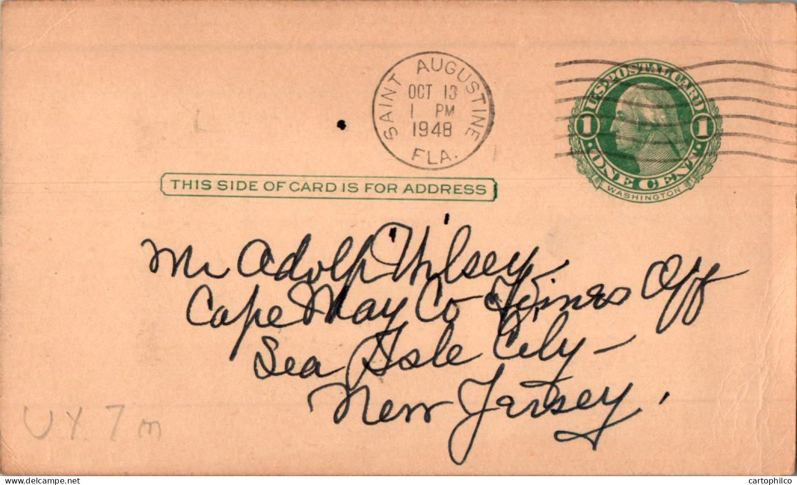 US Postal Stationery 1c Saint Augustine 1948 To New Jersey - 1921-40