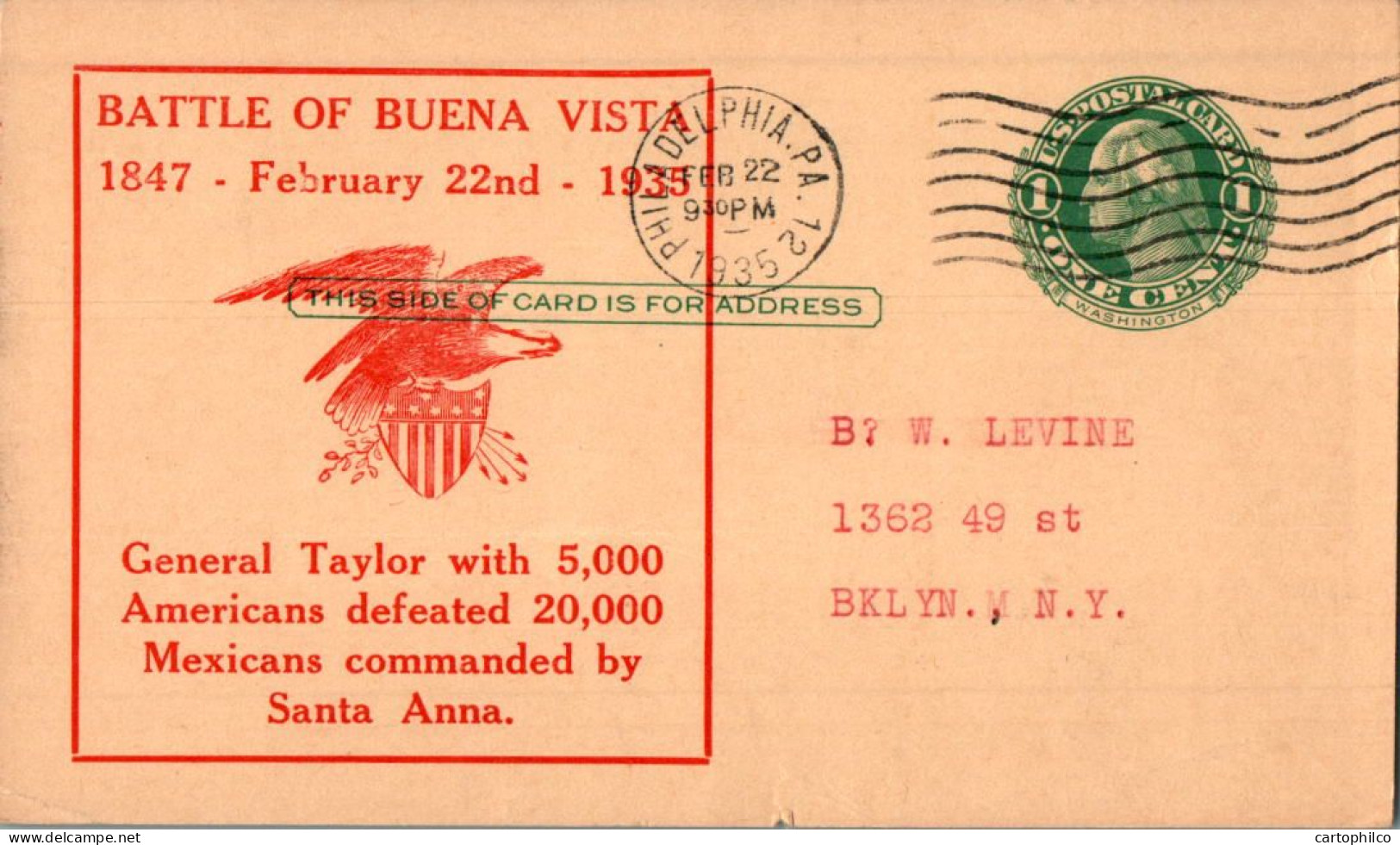 US Postal Stationery 1c Battle Of Buena Vista 1847 Eagle Philadelphia 1925 To NY - 1921-40