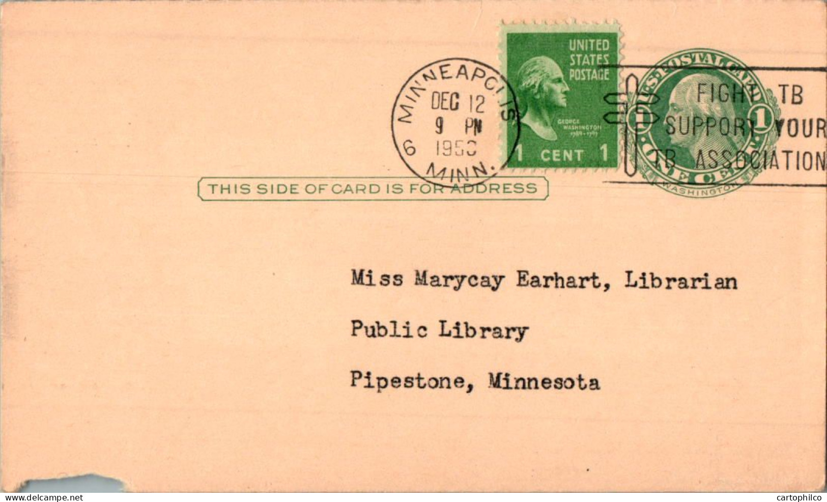 US Postal Stationery 1c Minneapolis To Pipestone Min - 1941-60