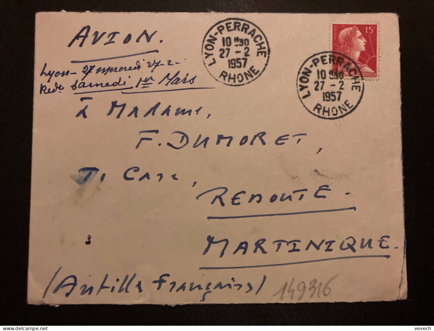 LETTRE Par Avion Pour La MARTINIQUE TP M DE MULLER 15F OBL.27-2 1957 LYON-PERRACHE RHONE (69) - 1955-1961 Marianne Van Muller