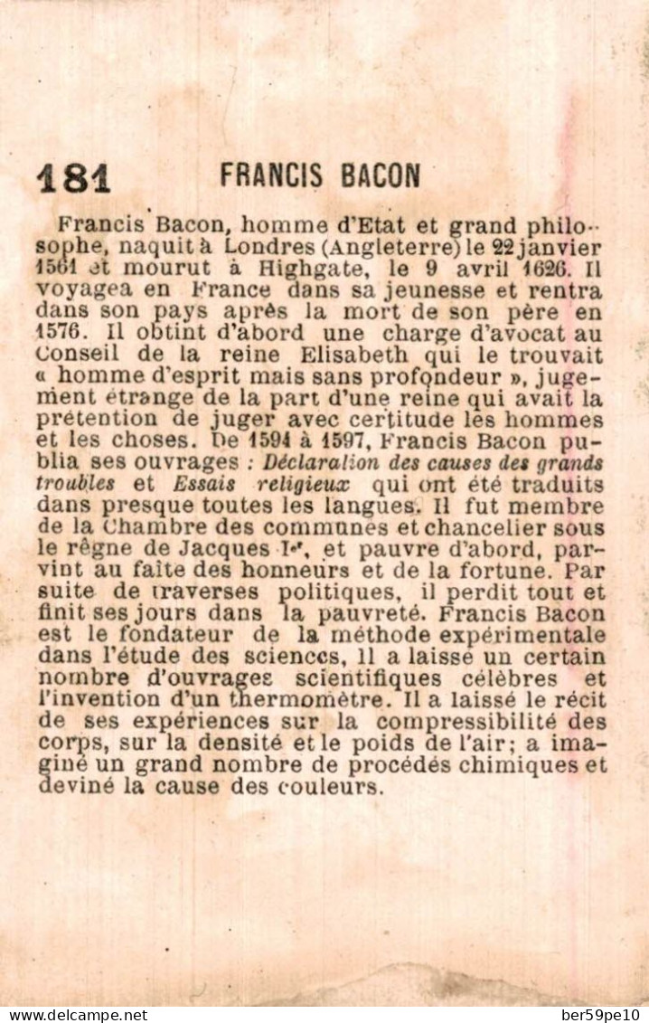 CHROMO FRANCIS BACON HOMME D'ETAT ET GRAND PHILOSOPHE NE A LONDRES N°181 - Autres & Non Classés