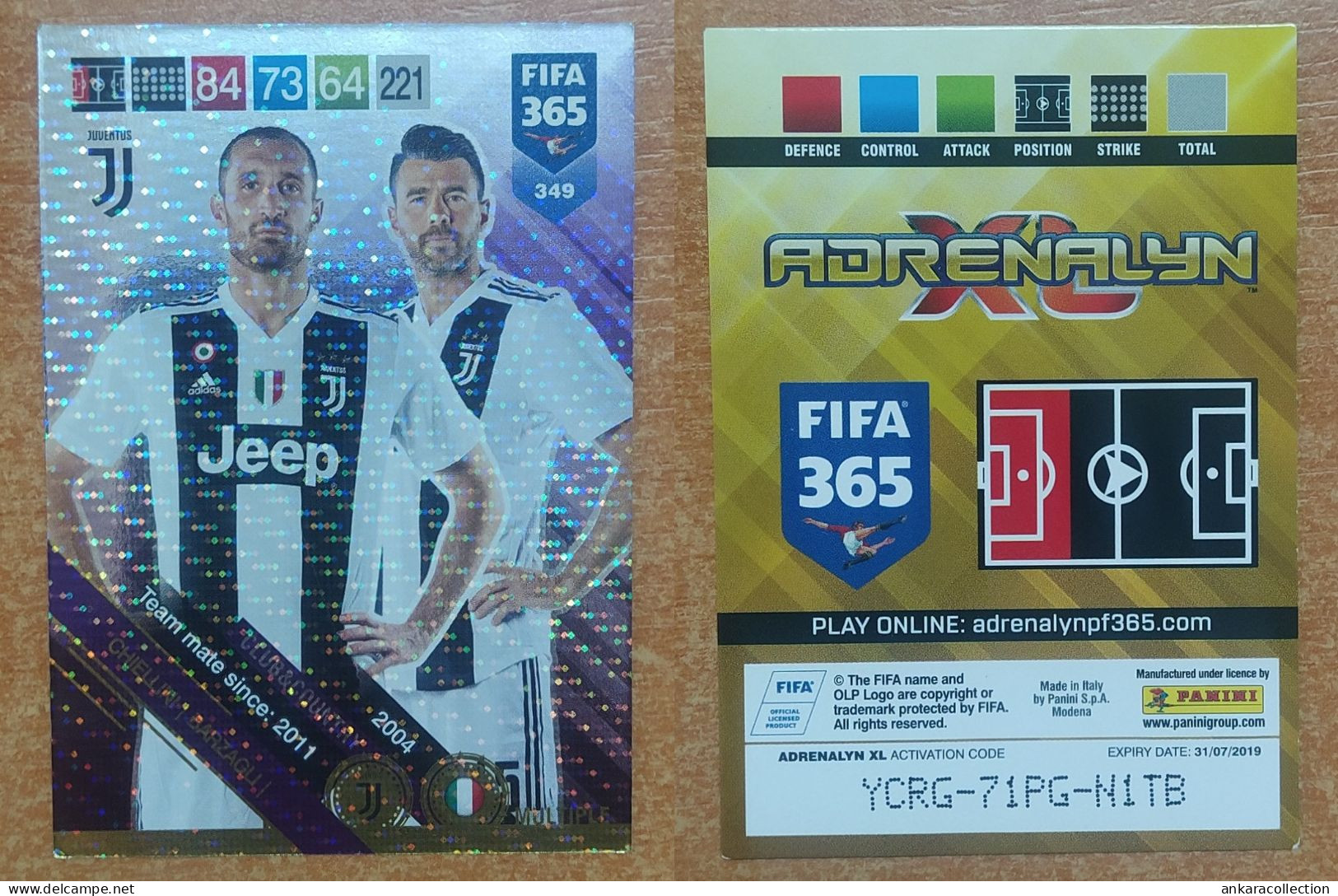 AC - 349 CHIELLINI & BARZAGLI  JUVENTUS  TEAM MATE CLUB & COUNTRTY  PANINI FIFA 365 2019 ADRENALYN TRADING CARD - Trading Cards