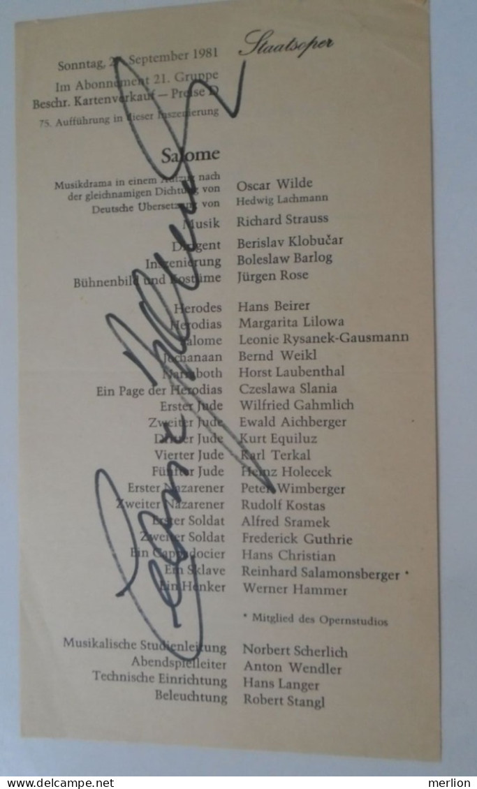 D203347  Signature -Autograph  -  Leonie Rysanek - Austrian Dramatic Soprano -Salome,  Winer Staatsoper 1981 - Singers & Musicians