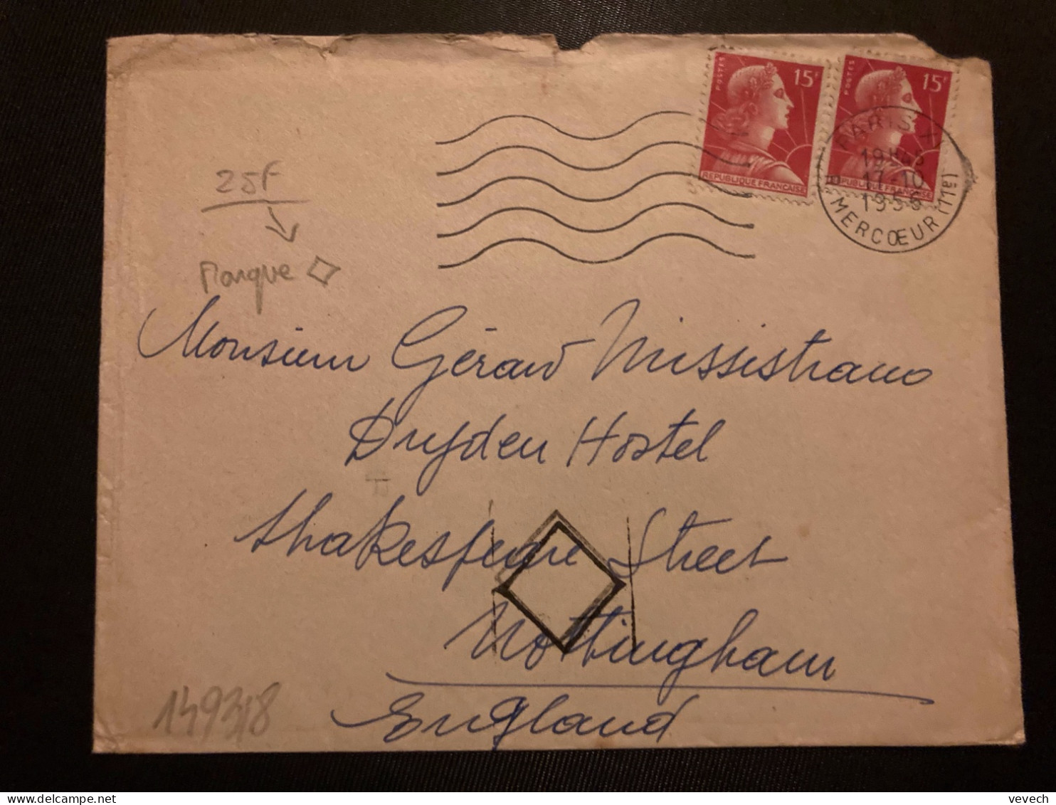 LETTRE Pour ANGLETERRE TP M DE MULLER 15F X2 OBL.MEC.17-10 1956 PARIS XI - 1955-1961 Marianne De Muller