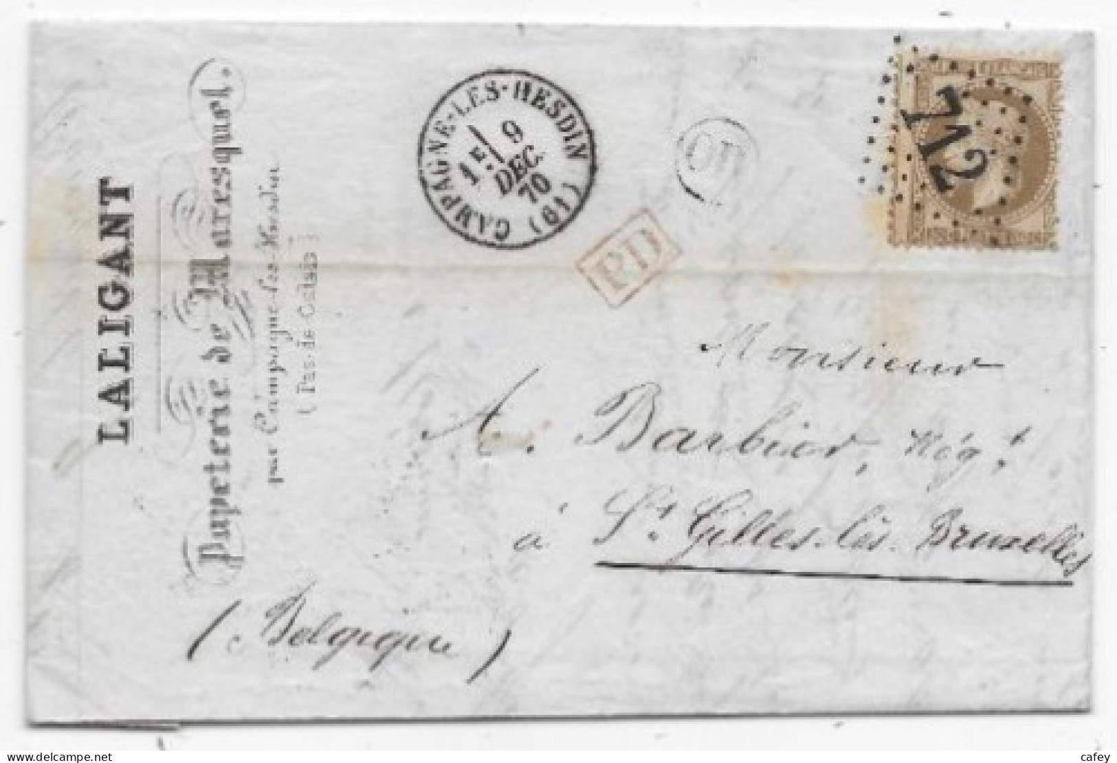 PAS DE CALAIS Belle Lettre Entête Papeterie Timbre Empire N° 30 GC 712 Càd CAMPAGNE LES HESDIN T16 P/ BELGIQUE - 1863-1870 Napoléon III Lauré