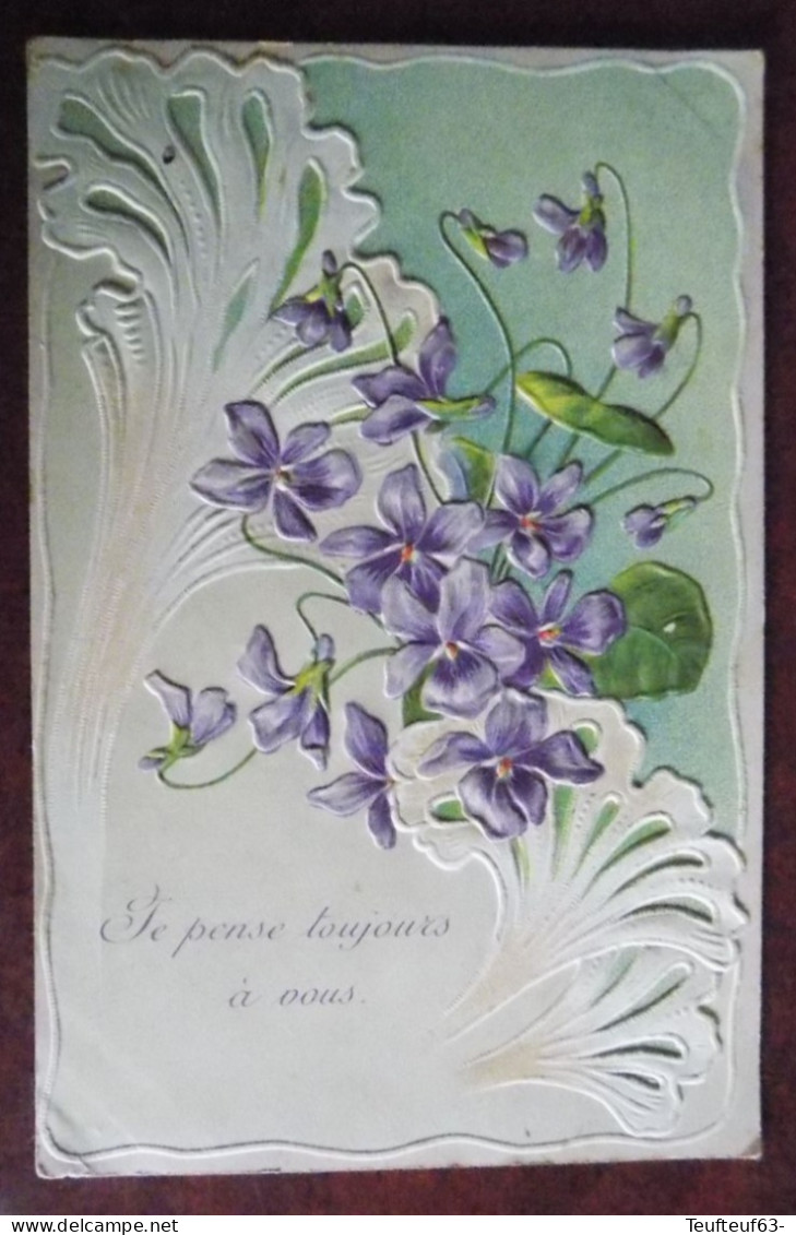 Cpa Art Nouveau " Je Pense Tj à Vous " - Fleurs - Relief Gaufré - Bloemen