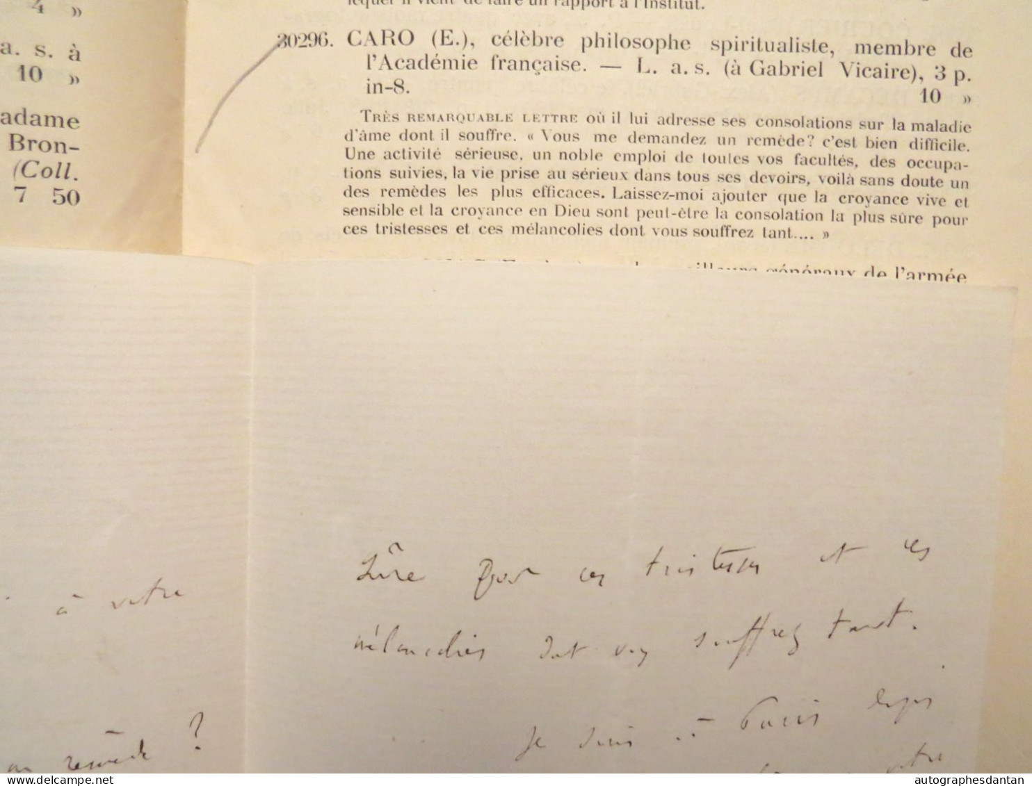 ● L.A.S Elme-Marie CARO Philosophe Né à Poitiers - à Gabriel Vicaire - Catalogue Etienne Charavay 1884 Lettre Autographe - Ecrivains