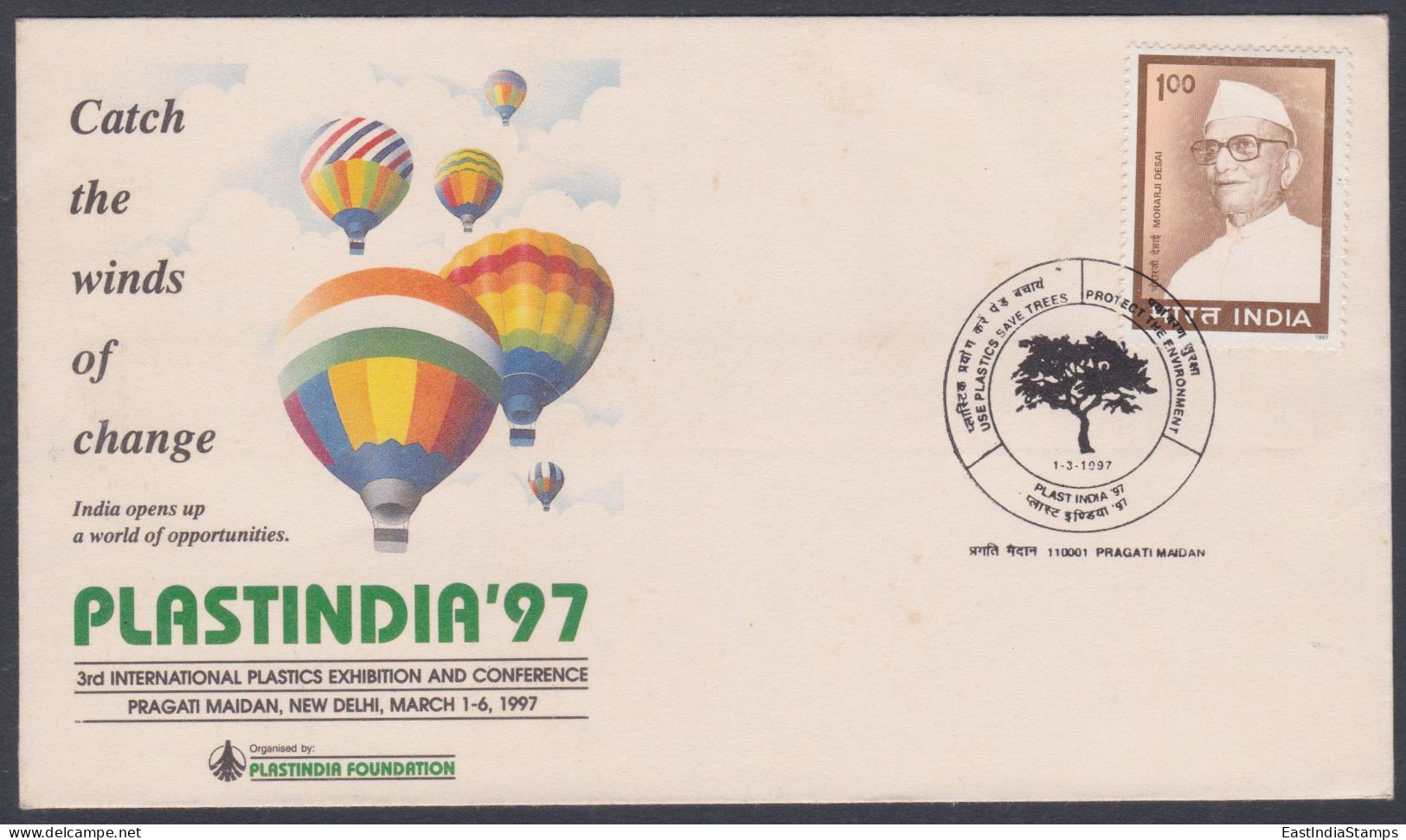 Inde India 1997 Special Cover PlastIndia, Hot Air Balloon, Plastics, Save Tree Campaign, Environment, Pictorial Postmark - Lettres & Documents