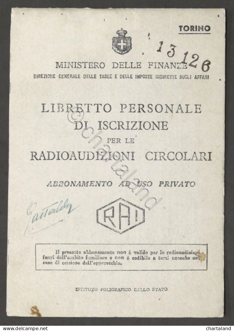 RAI - Libretto Di Isrcrizione Per Radioaudizioni - Abbonamento Privato - 1945 - Non Classés