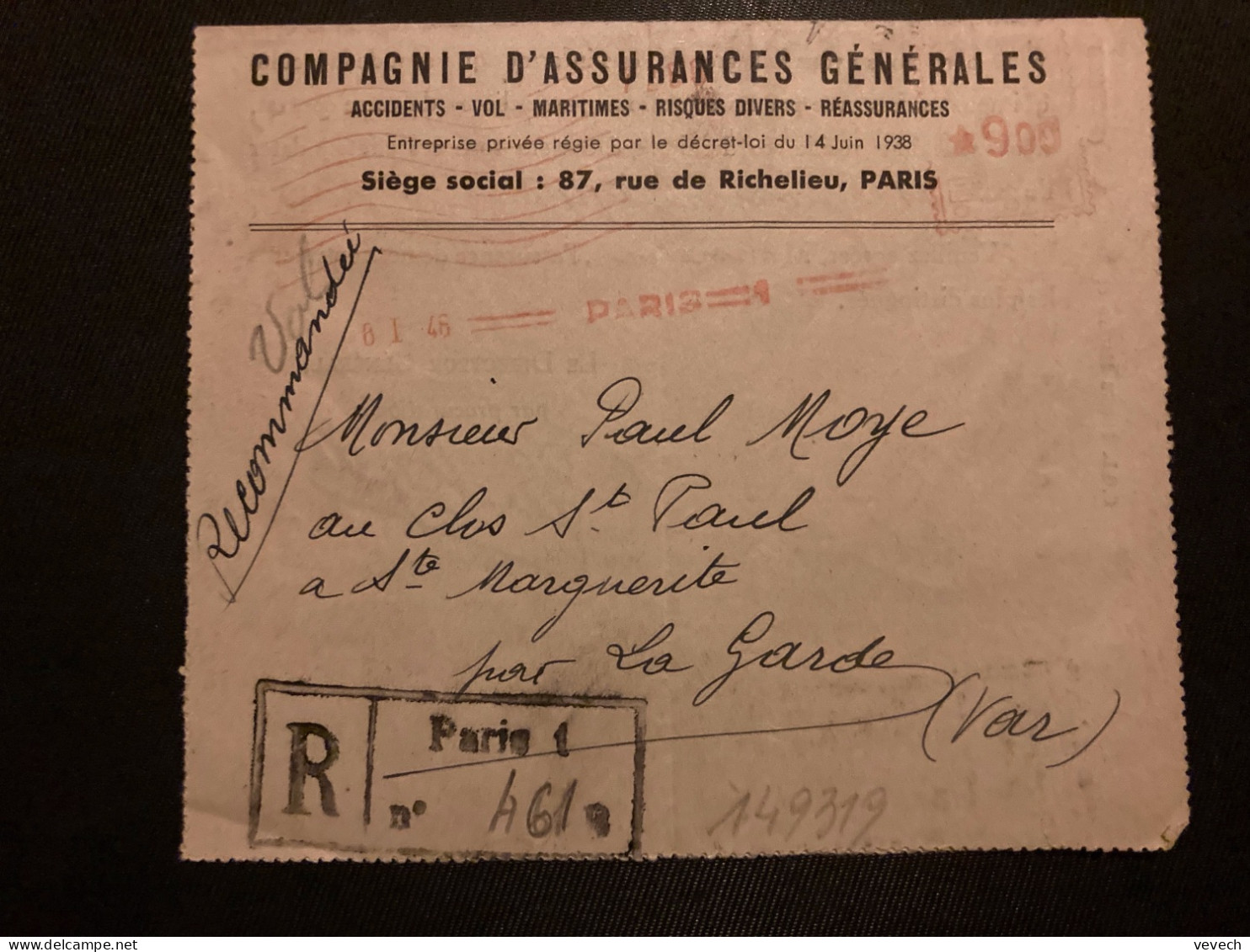 CLR PROVISOIRE COMPAGNIE D'ASSURANCES GENERALES EMA C 0761 à 9 00 Du 8 I 46 PARIS 1 - 1921-1960: Période Moderne