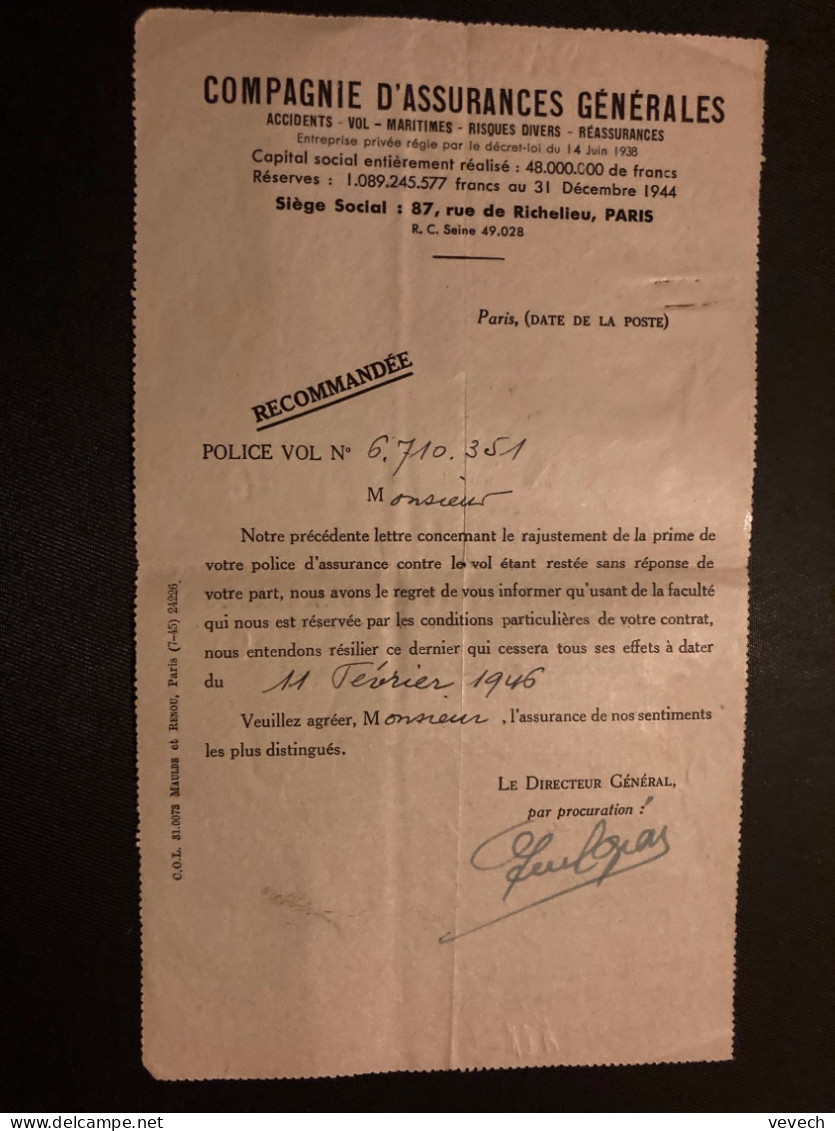 CLR PROVISOIRE COMPAGNIE D'ASSURANCES GENERALES EMA C 0761 à 9 00 Du 8 I 46 PARIS 1 - 1921-1960: Période Moderne