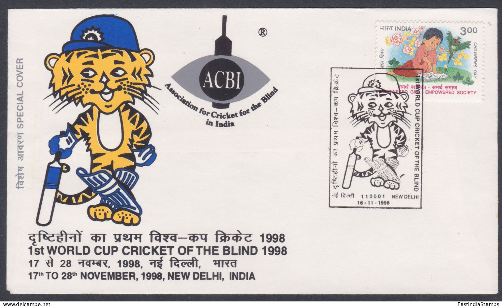 Inde India 1998 Special Cover Cricket Of The Blind, Blindness, Handicap, Disabled, Tiger, Sports, Pictorial Postmark - Briefe U. Dokumente