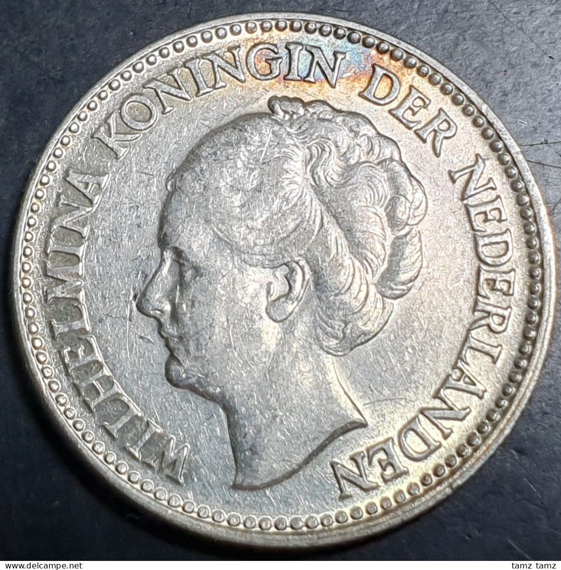 Netherlands 1/2 0.5 Gulden Wilhelmina 1930 Silver Original Luster + Toning - 1/2 Gulden