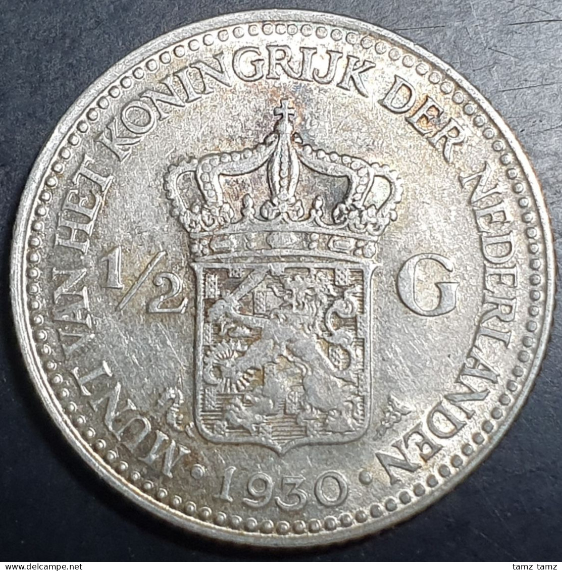 Netherlands 1/2 0.5 Gulden Wilhelmina 1930 Silver Original Luster + Toning - 1/2 Gulden