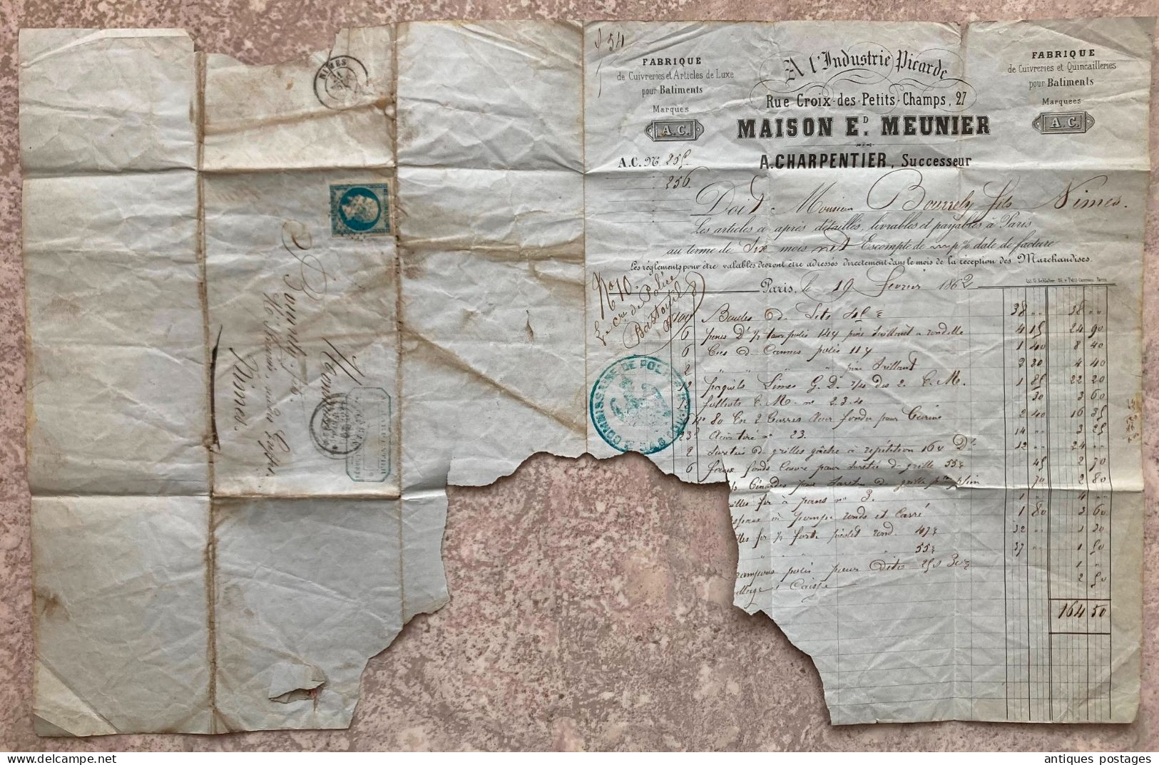 Lettre 1862 Maison E Meunier Charpentier Cuivre Cuivrerie Rue Croix Des Petits Champs Paris Commissaire De Police Nîmes - 1853-1860 Napoléon III