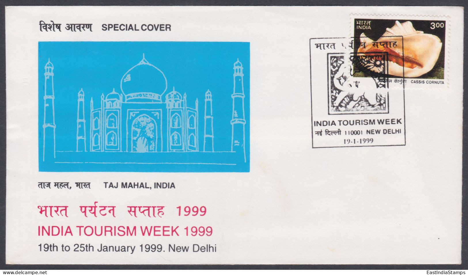 Inde India 1999 Special Cover India Tourism Week, Taj Mahal, Mughal Architecture, Monuments, Elephant Pictorial Postmark - Briefe U. Dokumente