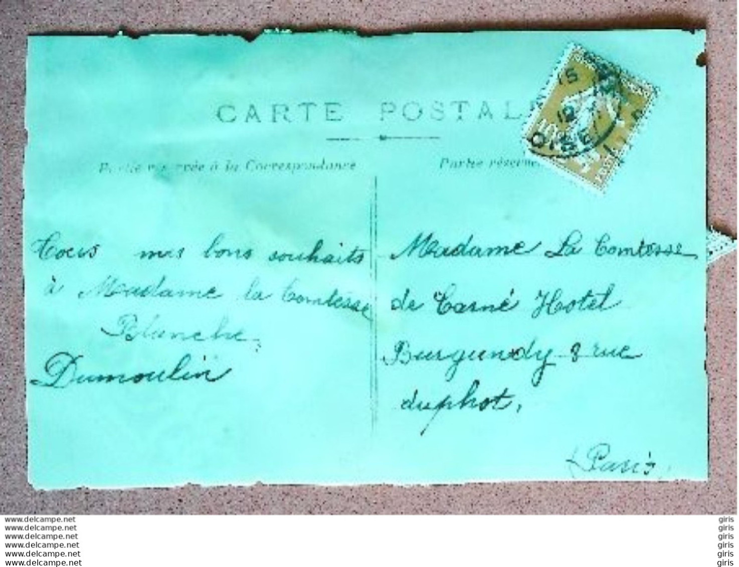 CP - Nouvel An-Très Belle Carte - Celluloïd -de Par Mr Dumoulin Pour La Comtesse Blanche De Carnet Hotel Burgundy 1912 - Neujahr