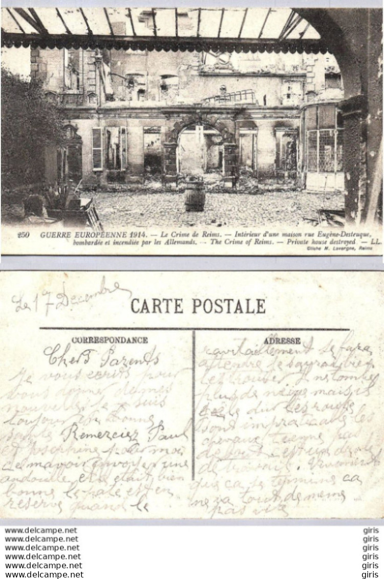 CP - Militaria > Guerre 1914-18 - Le Crime De Reims - Intérieur D'une Maison Rue Eugène-Desteuque - Weltkrieg 1914-18
