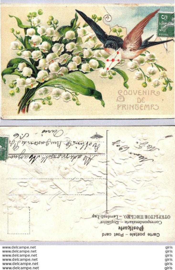 CP - Fantaisies - Souvenir De Printemps - Jolie Carte Gaufrée - Hirondelle - Muguet - Autres & Non Classés