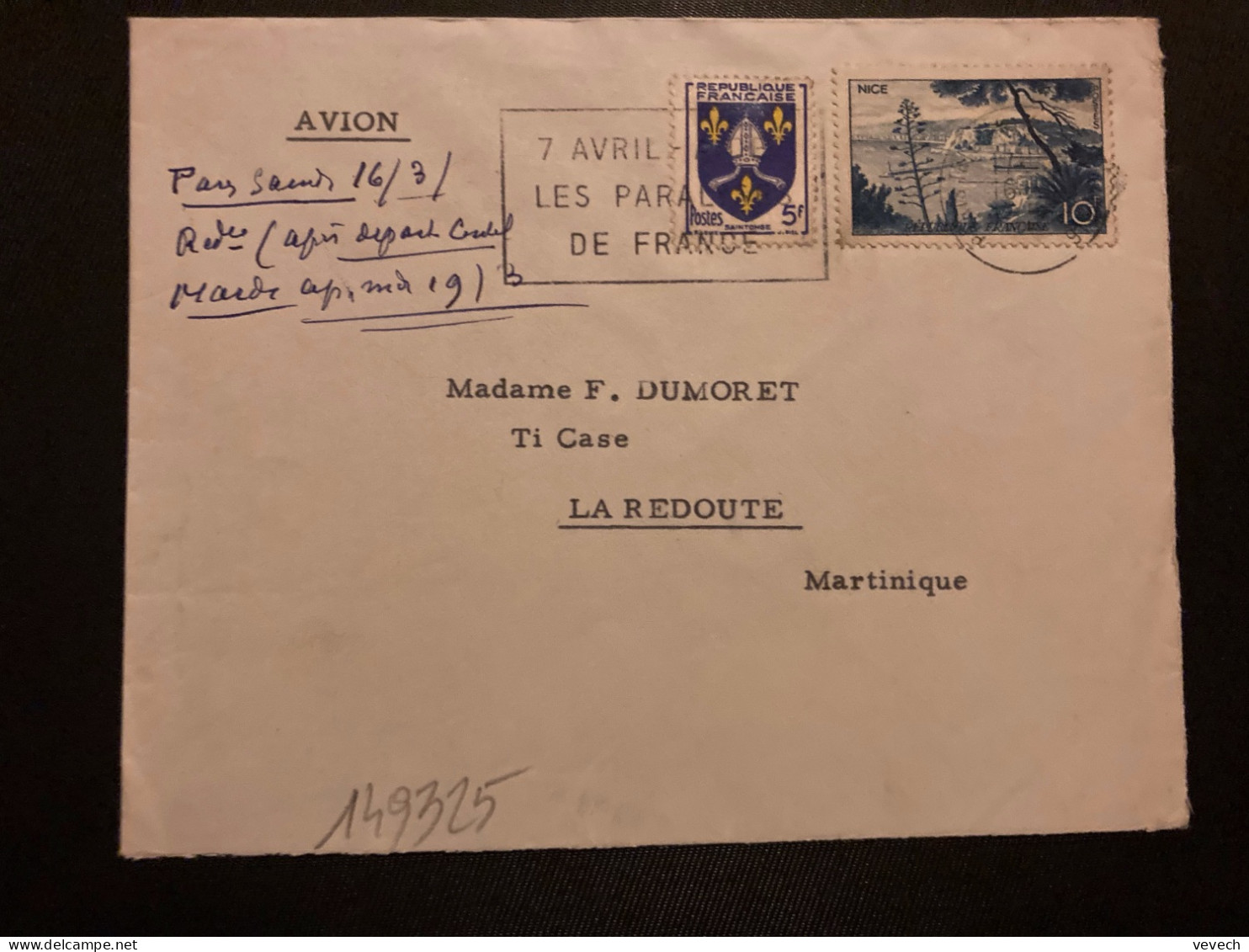 LETTRE Par Avion Pour La MARTINIQUE TP NICE 10F + SAINTONGE 5F OBL.MEC.16-3 1957 PARIS TRI ET DISTRIBUTION N°16 - 1921-1960: Période Moderne