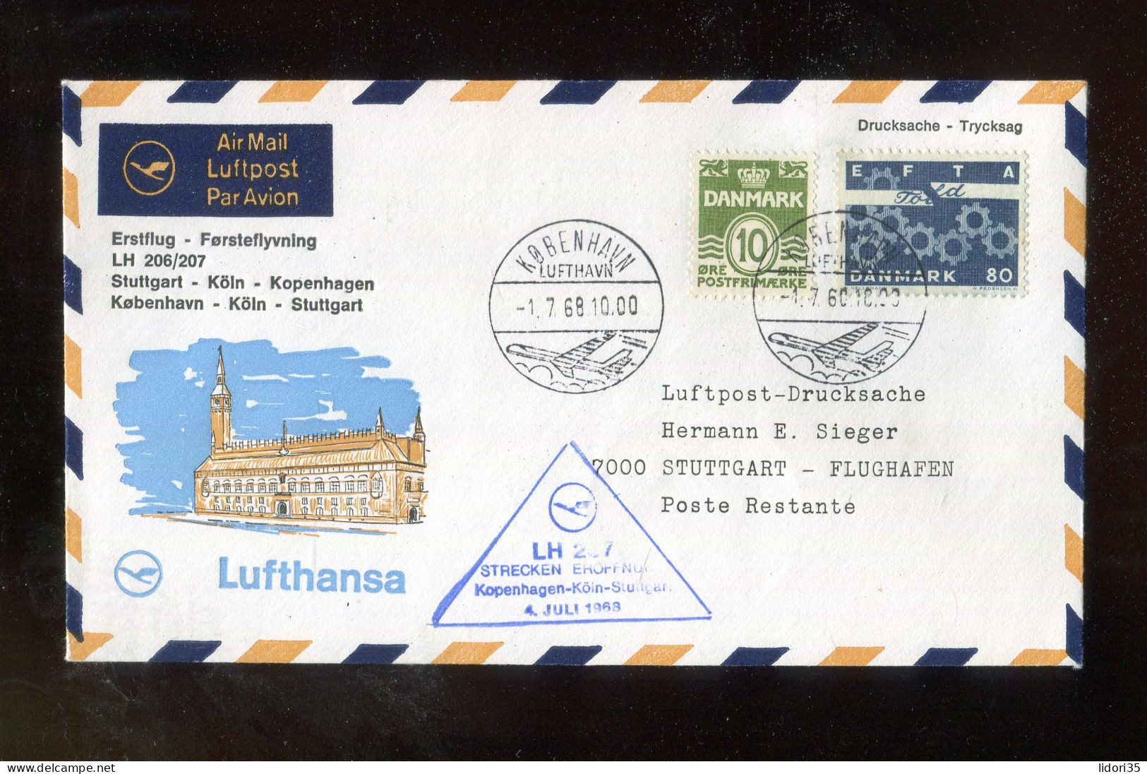 "DAENEMARK" 1968, Erstflugbrief LH 206/207 "Kopenhagen-Stuttgart" (L2056) - Airmail