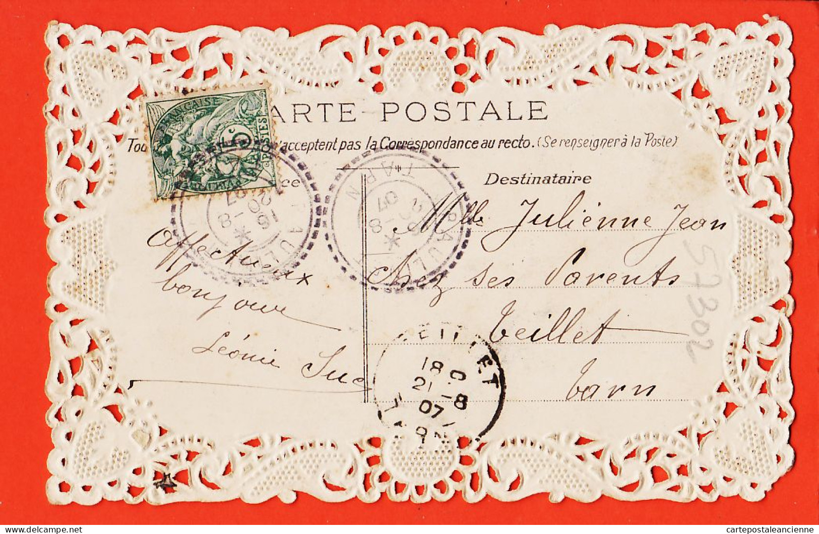 17442 / ⭐ Carte Bords CANIVET Nacrée Ajouti  Bouquet Rose Cueillies Pour Vous 1907 Léonie SUC à Julienne JEAN Teillet  - Sonstige & Ohne Zuordnung
