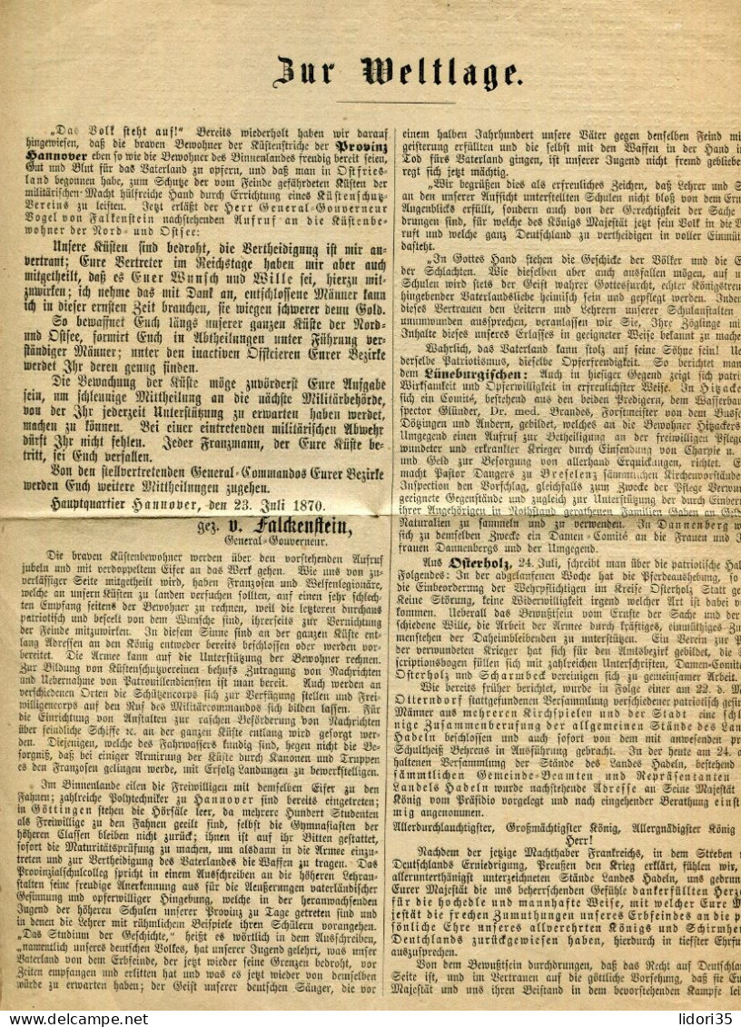"ZUR WELTLAGE" 1870, Ex Hannover Mit Kriegsnachrichten, 2 Seiten, Interessant ! (L2060) - Historische Documenten