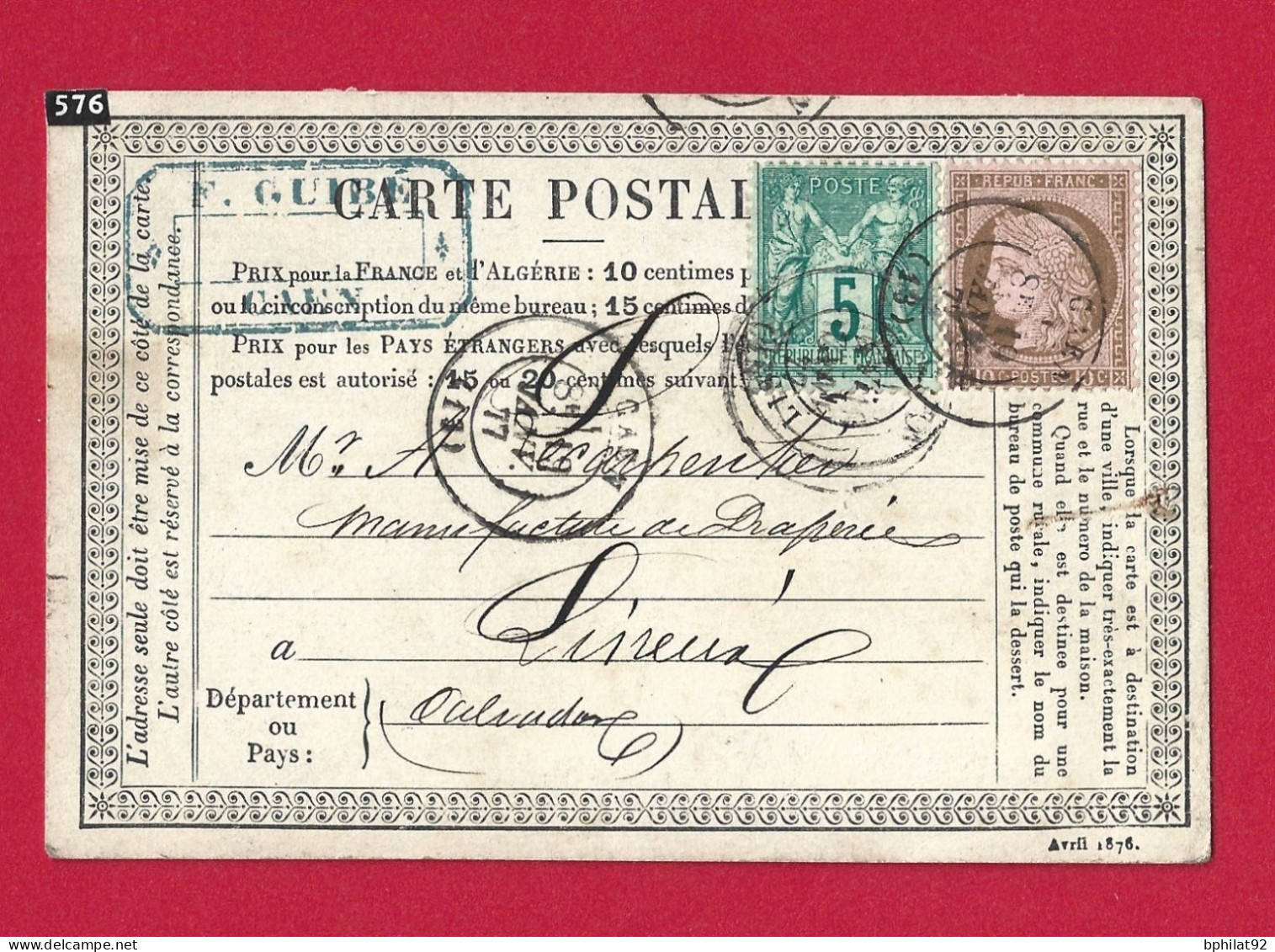 !!! CARTE PRÉCURSEUR AVEC AFFRANCHISSEMENT MIXTE CERÈS/SAGE POUR LISIEUX DE 1877 - 1849-1876: Classic Period