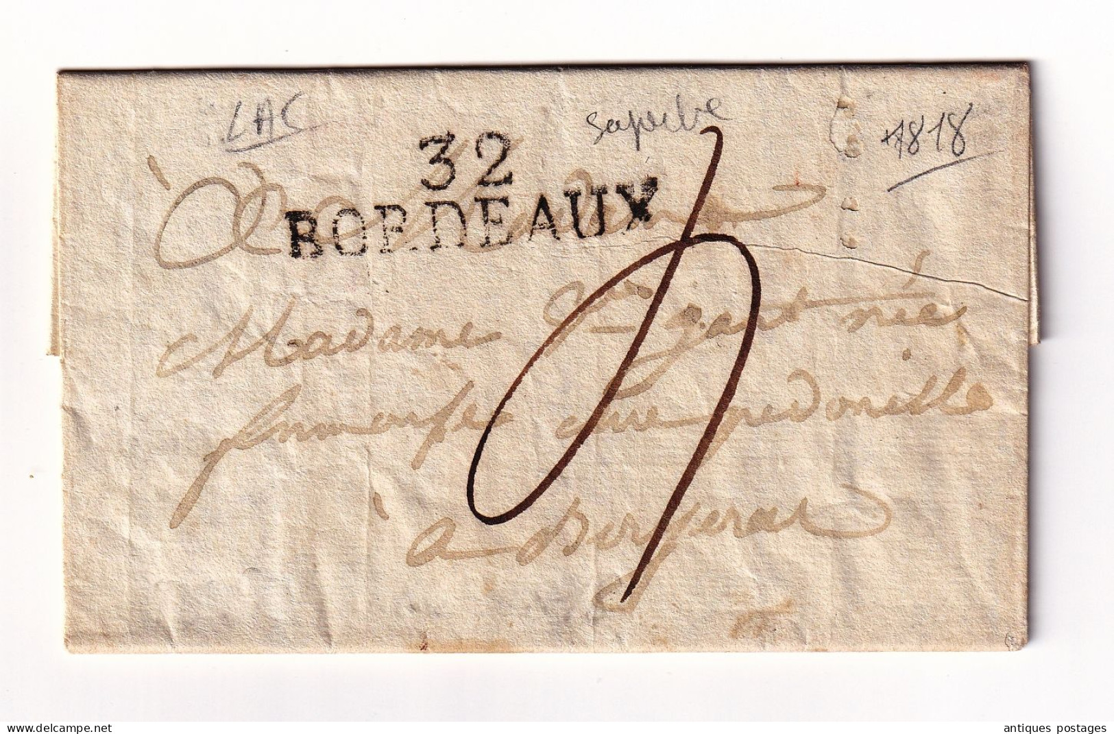 Lettre 1818 Bordeaux Gironde Pour Bergerac Dordogne - 1801-1848: Précurseurs XIX