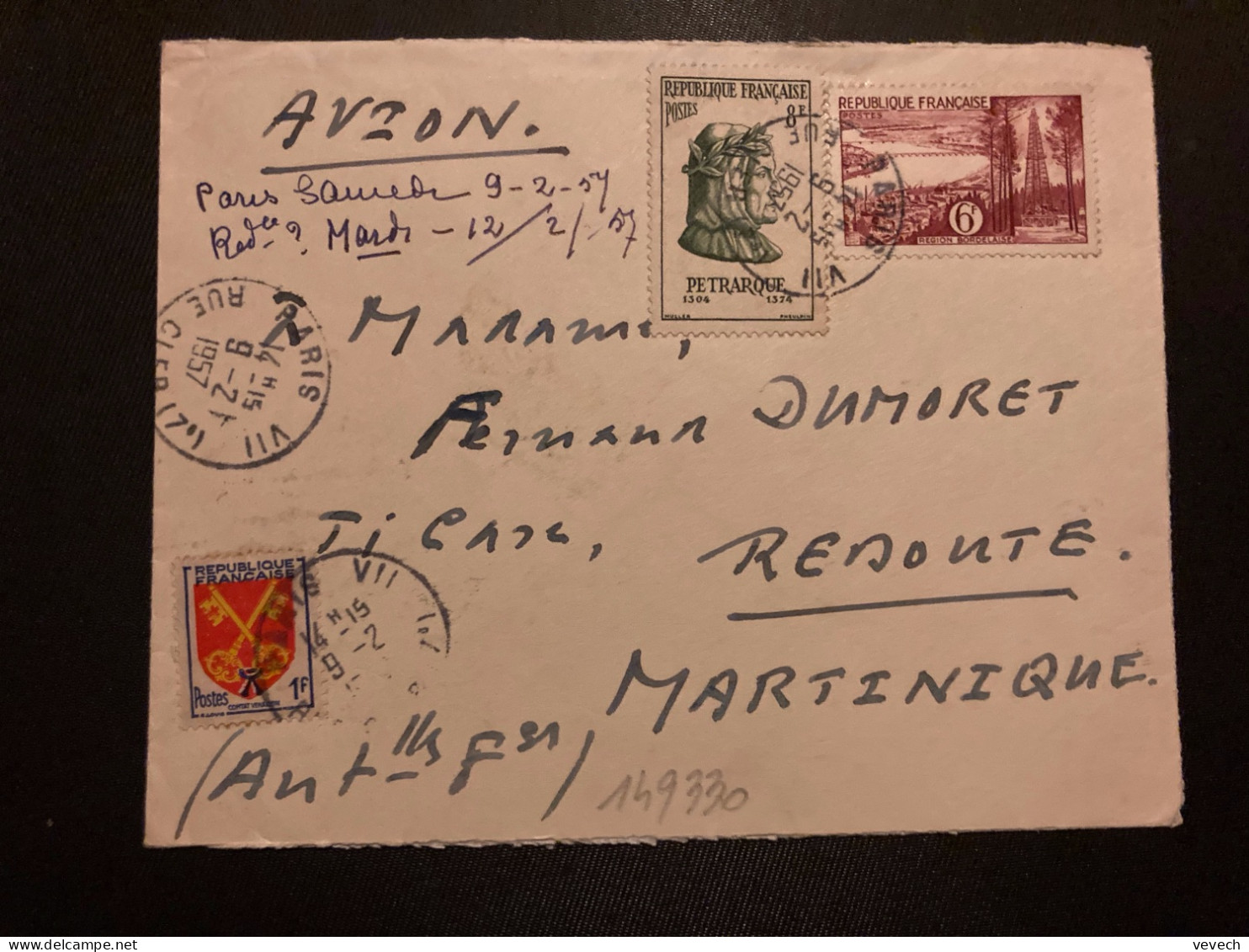 LETTRE Par Avion Pour La MARTINIQUE TP PETRARQUE 8F + BORDELAISE 6F + COMTAT VENAISSIN 1F OBL.9-2 1957 PARIS VII - Briefe U. Dokumente