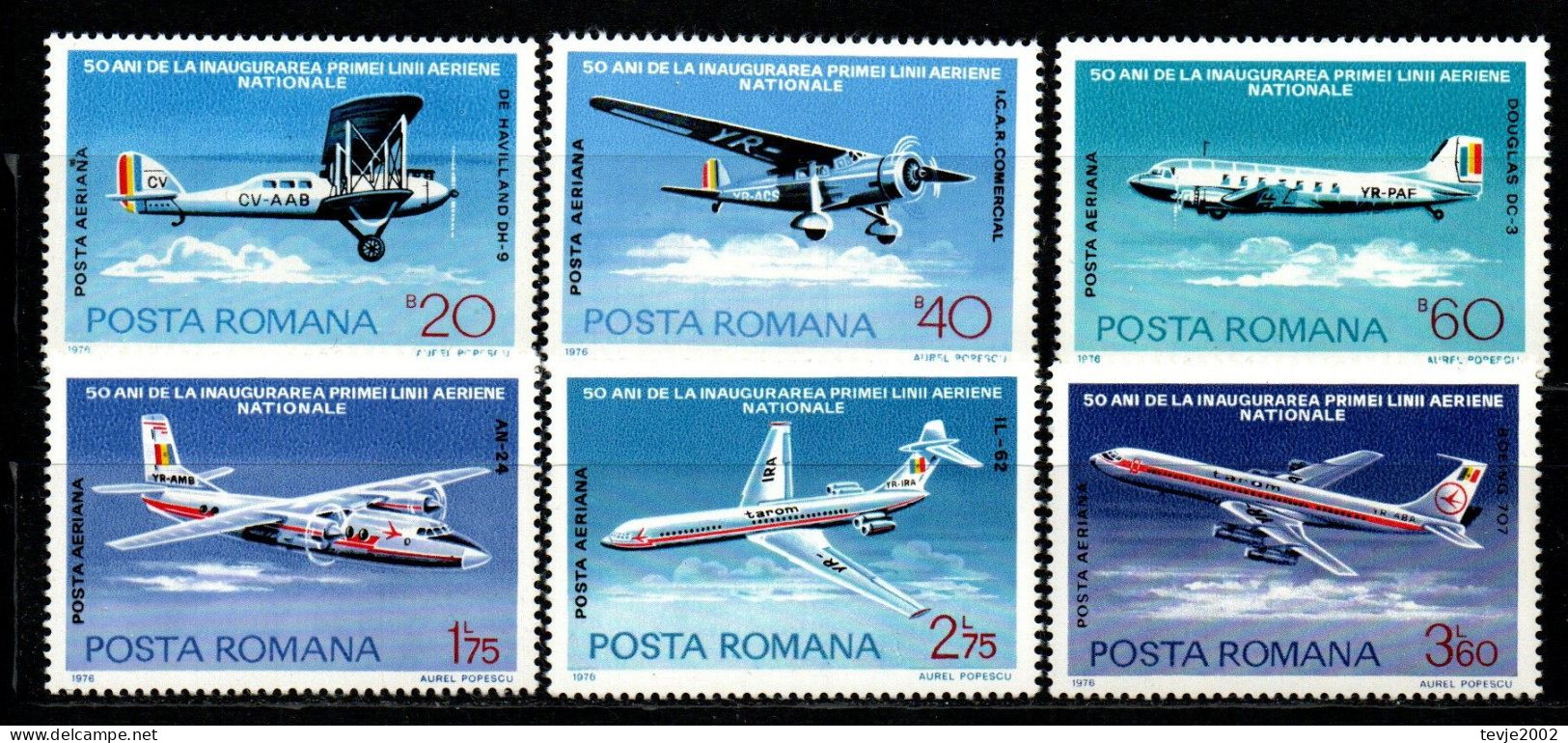 Rumänien Romana 1976 - Mi.Nr. 3343 - 3348 - Postfrisch MNH - Flugzeuge Airplanes - Flugzeuge