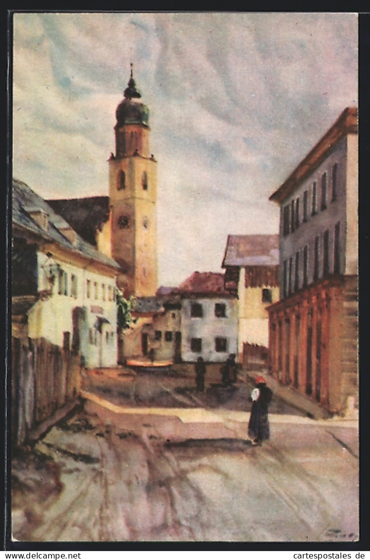 Künstler-AK Seekirchen, Strassenpartie Mit Blick Zur Kirche  - Sonstige & Ohne Zuordnung