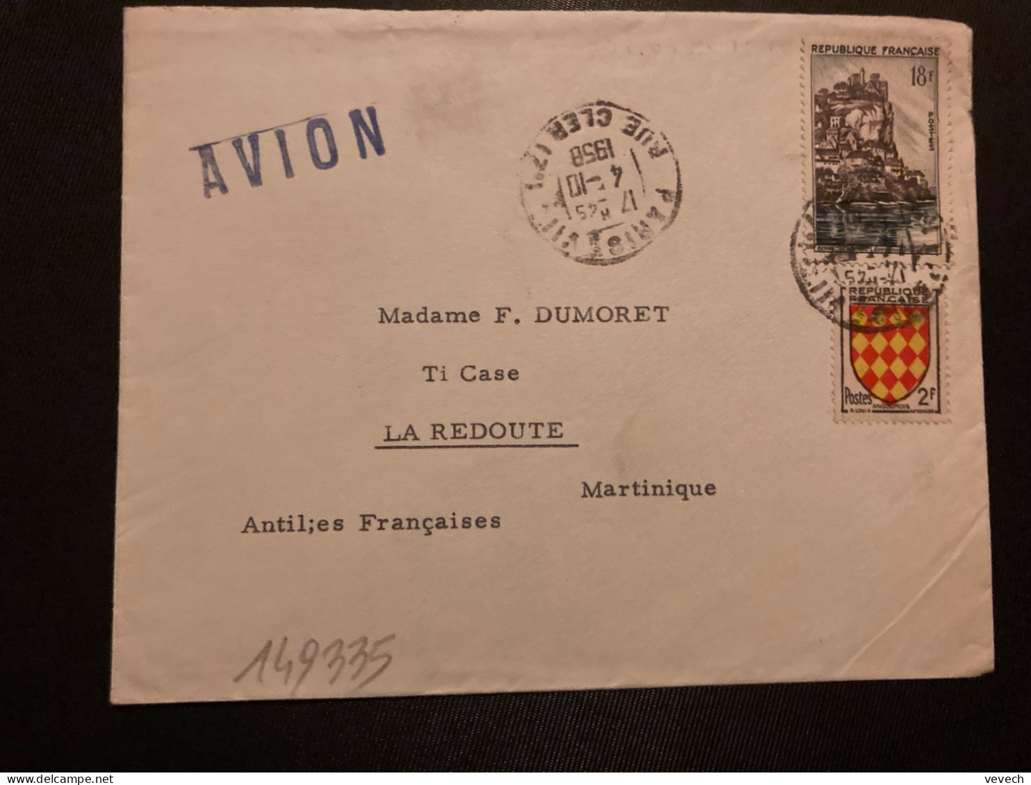 LETTRE Par Avion Pour La MARTINIQUE TP BEYNAC 18F + ANGOUMOIS 2F OBL.4-10 1958 PARIS VII - Lettres & Documents