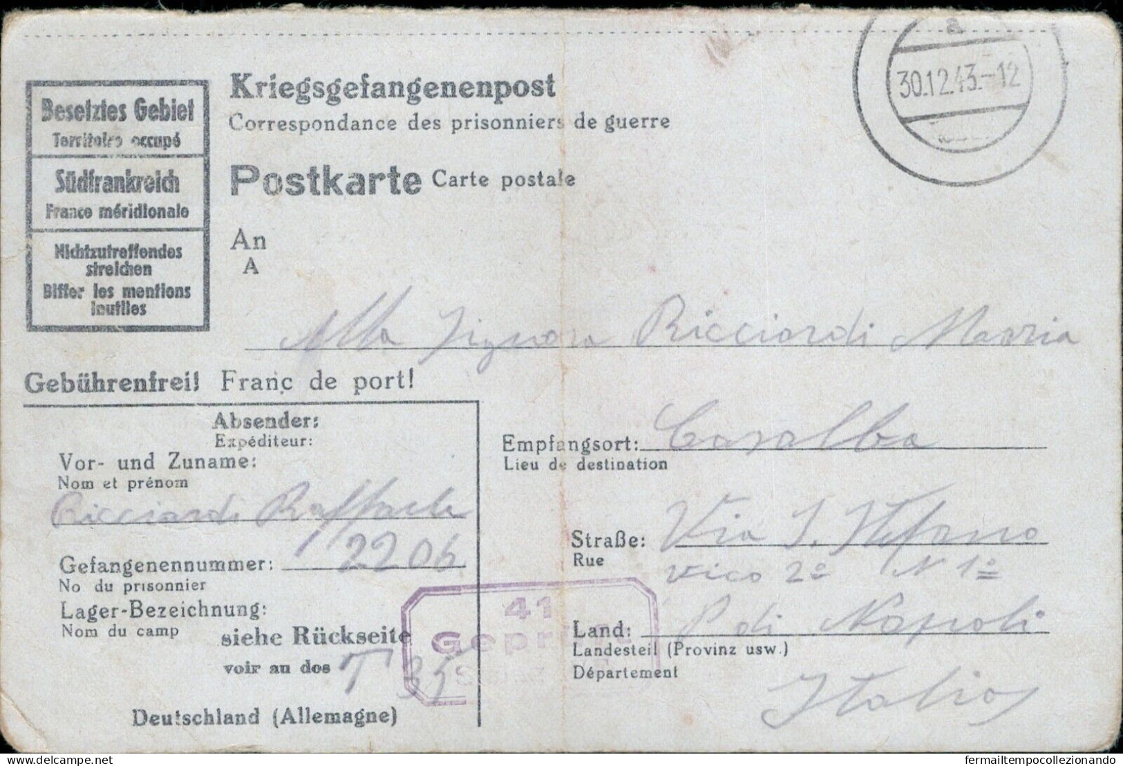 Cr632  Franchigia Militare Prigioniero Di Guerra In Germania Per Casalba Caserta - Franchise