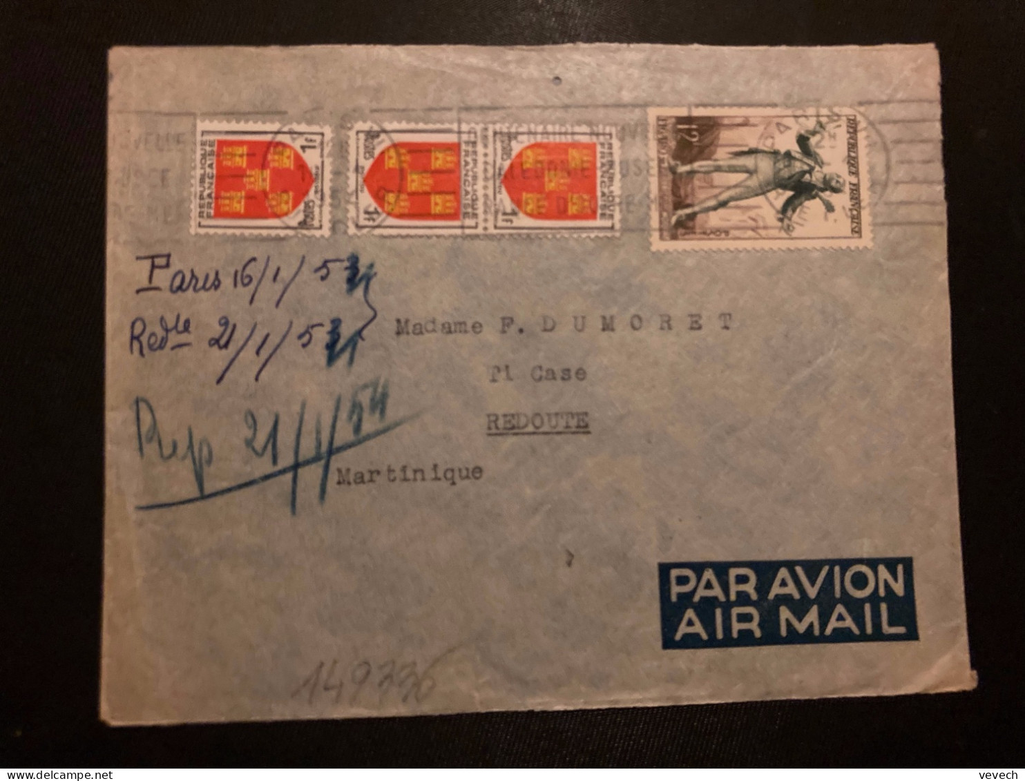 LETTRE Par Avion Pour La MARTINIQUE TP FIGARO 12F + POITOU 1F + Paire OBL.MEC.16-1 1954 PARIS VII - Lettres & Documents